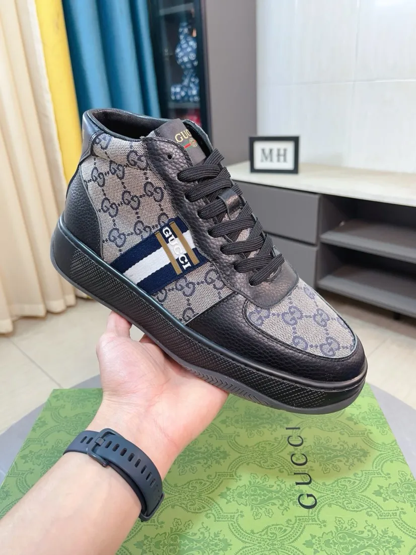 Men's shoes 💰438🌹🌹GUCCI [Gucci] New high-top men's shoes, a high-end brand, the latest fashionable casual men's shoes, trendy and versatile, relaxed and sporty style, uppers imported from Italy, first-layer cowhide, genuine leather lining, and ultra-fine workmanship. Original personalized fashionable rubber wear-resistant outsole, light and comfortable on the foot, size 38-44